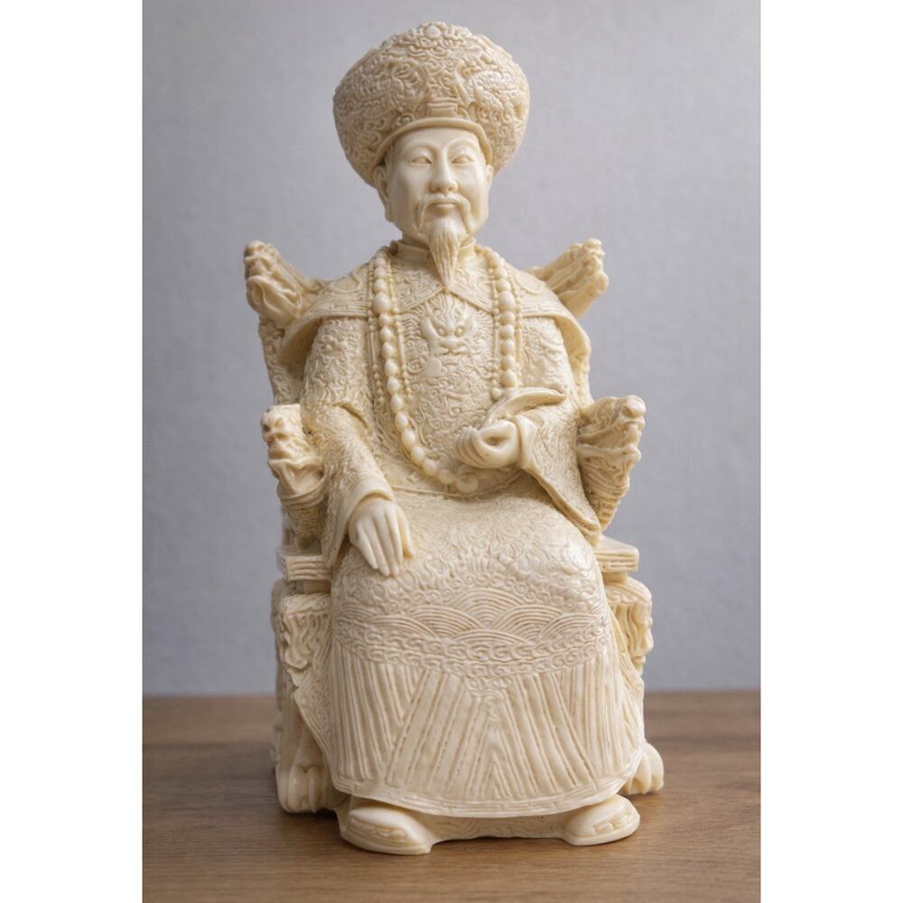 Vintage Ancient Chinese Emperor Statue Ivory Colored Carved Resin Art Figure